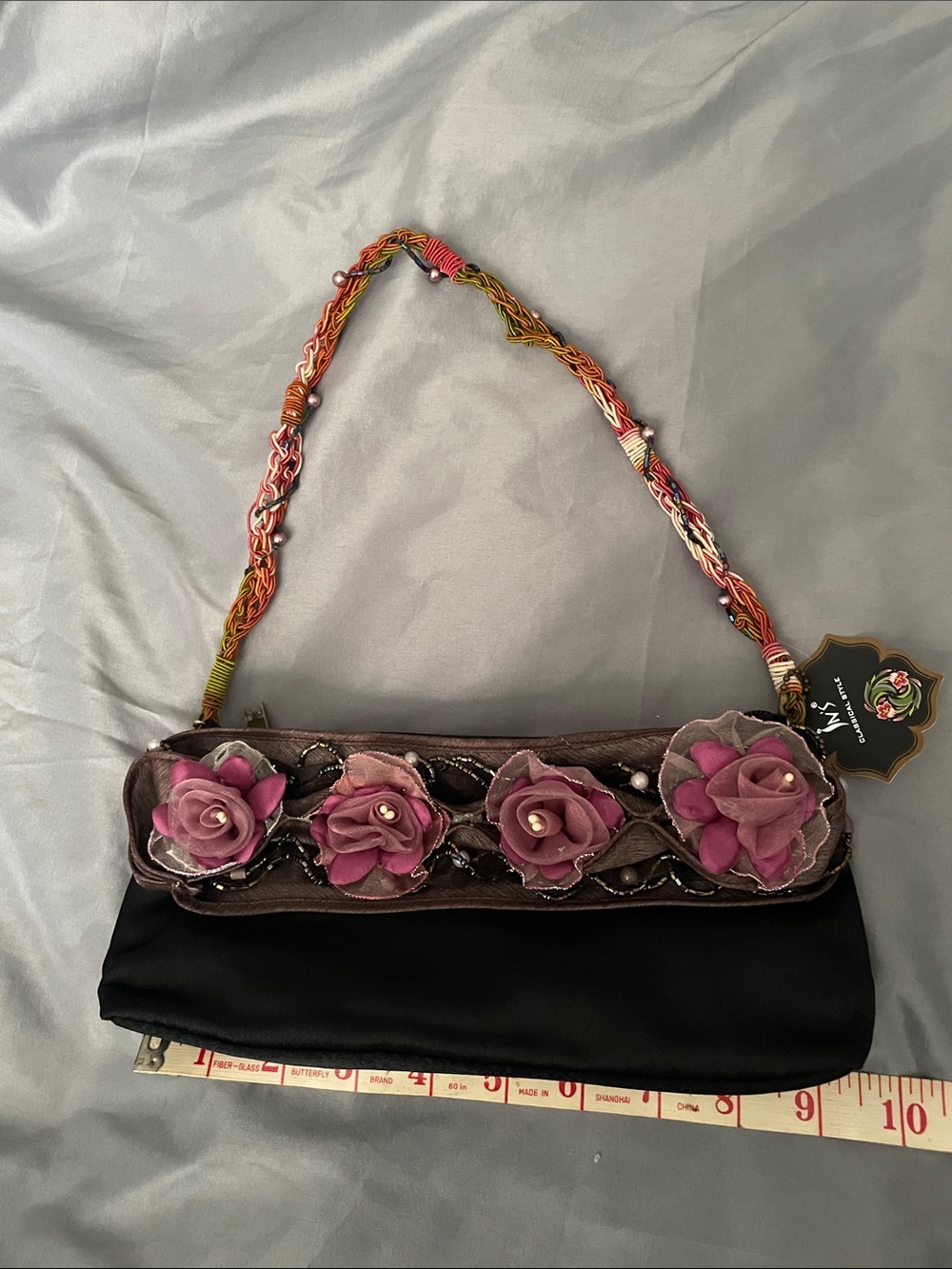 Floral Appliqué Black Mini Shoulder Bag with Pink Roses